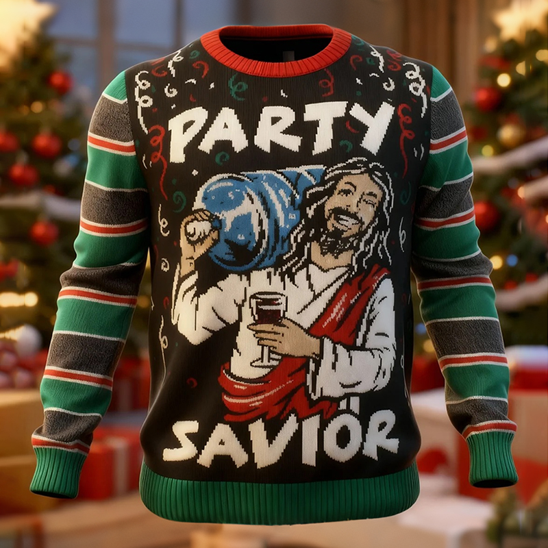 Christmas Jesus Striped Pattern Casual Knit Sweater wearshes