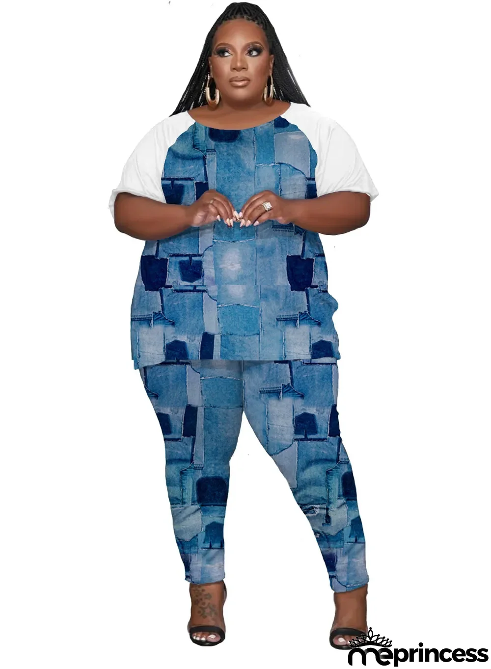 Women's cute Plus Size raglan print two-piece set