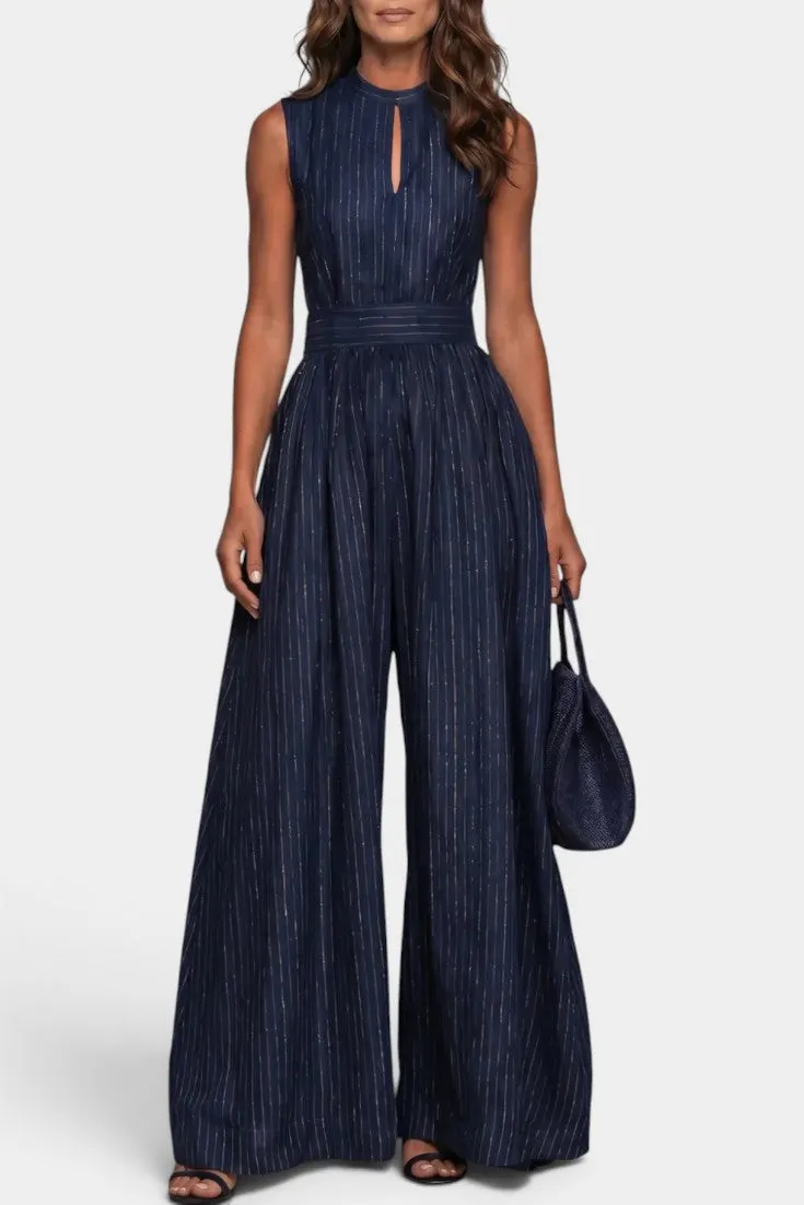 High Neck Pinstripe Palazzo Jumpsuit with Belt