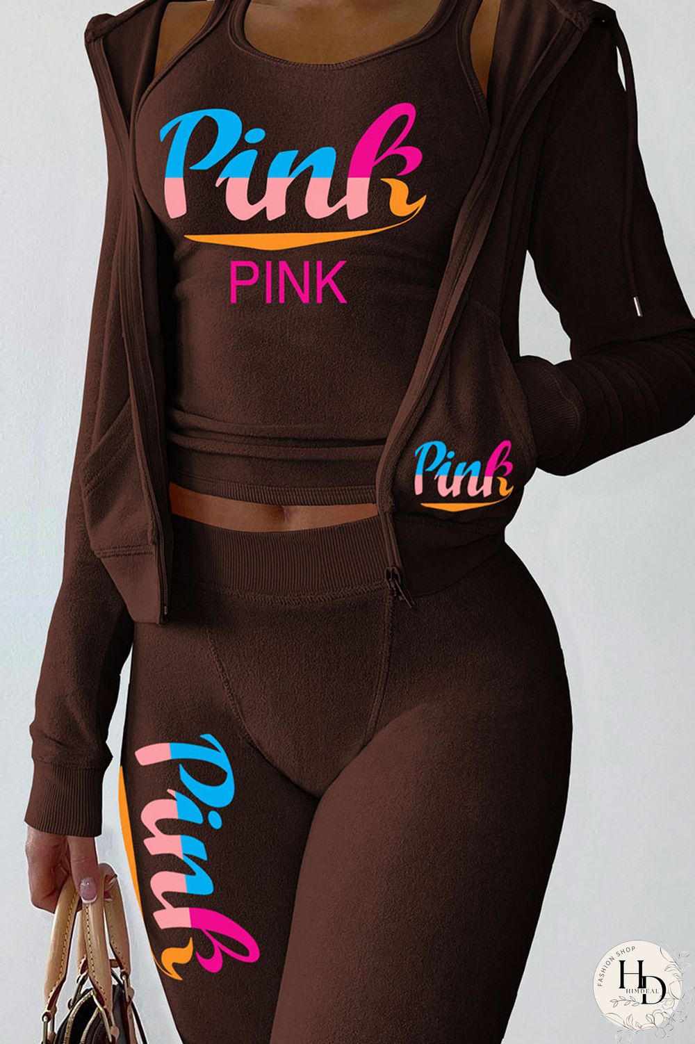 Pink Casual Print Patchwork Hooded Collar Long Sleeve Three Pieces