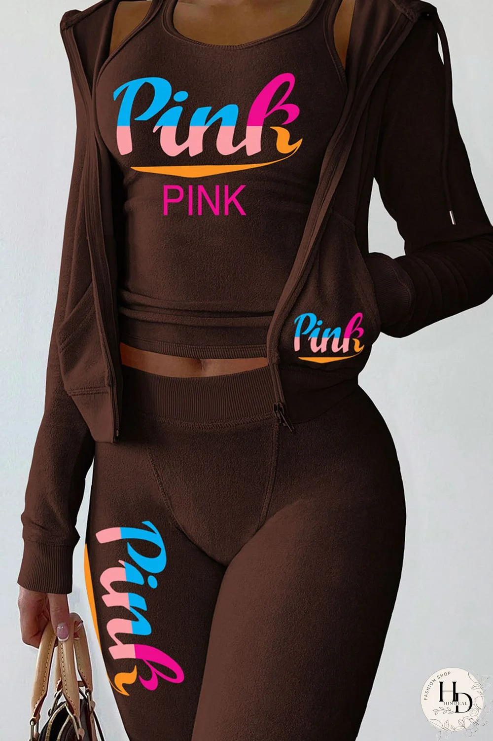 Pink Casual Print Patchwork Hooded Collar Long Sleeve Three Pieces