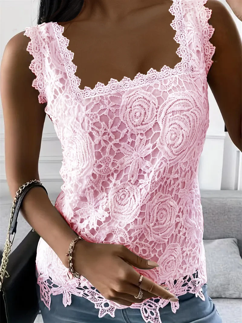 Women Sleeveless Square Collar Solid Color Lace Tops
