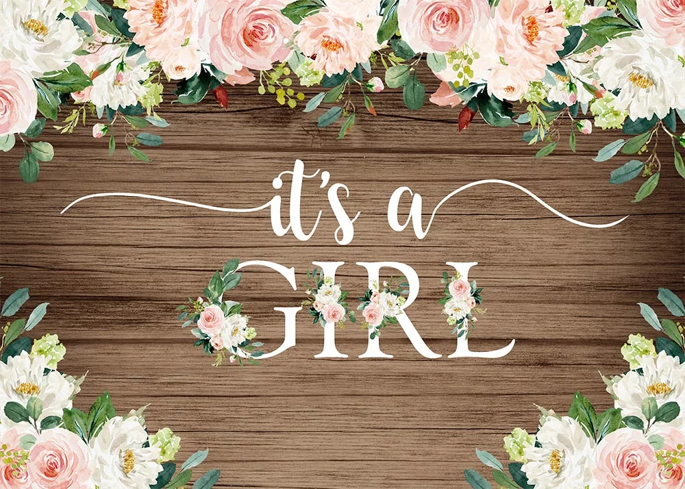 Flowers And Wooden It's A Girl Baby Shower Backdrop RedBirdParty