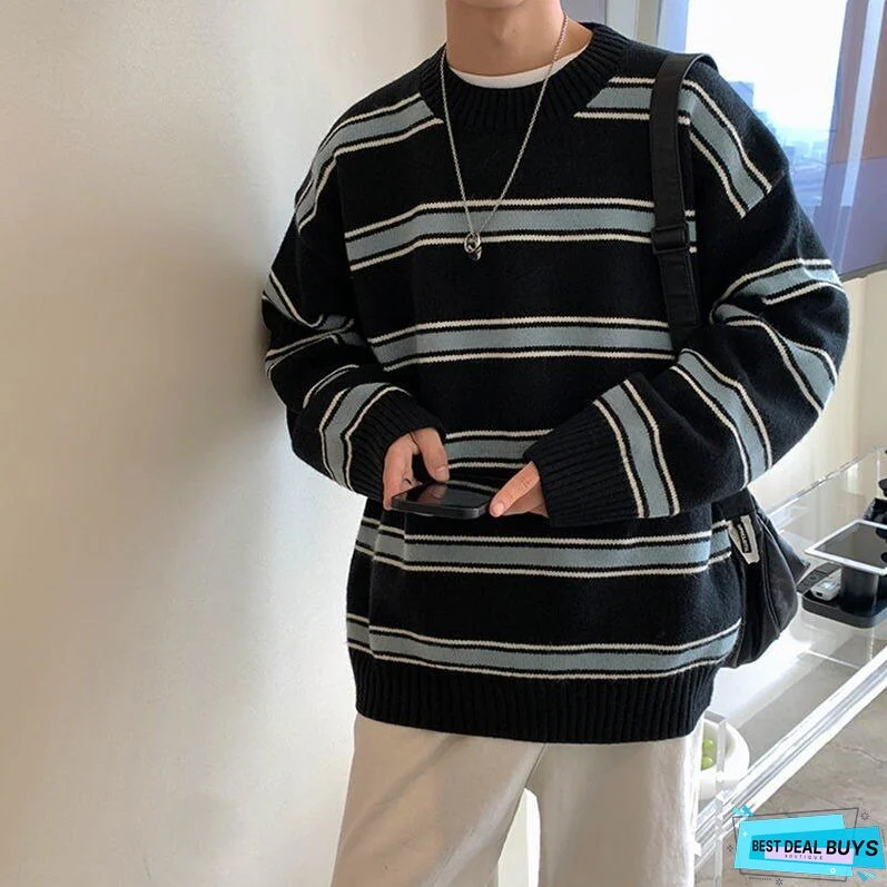 Striped Sweater Men Round Neck Winter Pullover Sweater Korean Fashion Harajuku Loose Wild Long Sleeve Sweater Oversize
