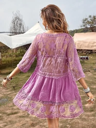 B2prity Women's Contrast Lace Bathing Suit Cover Up V-Neck Swimsuit Coverups Loose Swimwear Beach Dress Beachwear