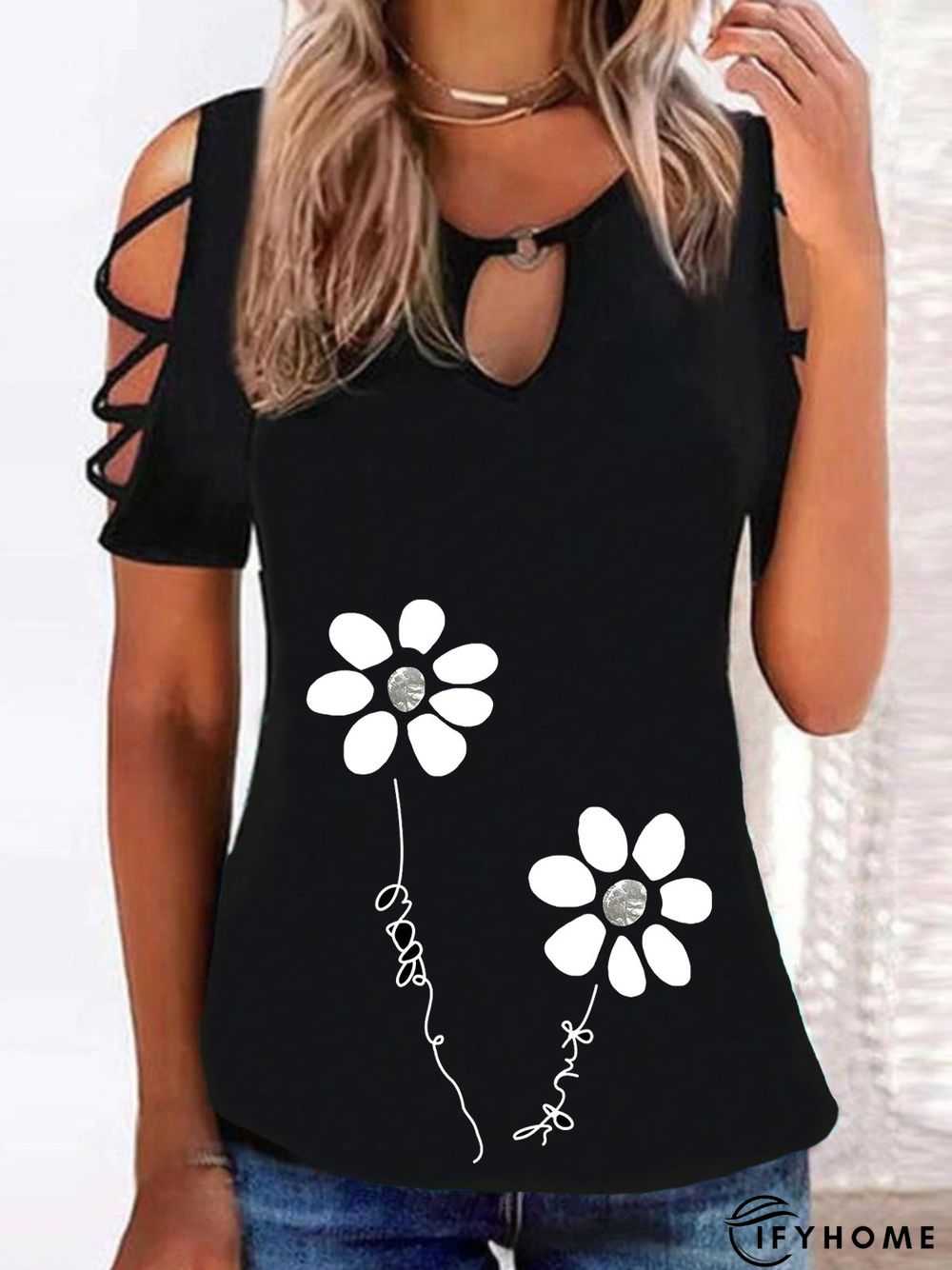 Casual Floral Short Sleeve Round Neck Plus Size Printed Tops T-shirts | IFYHOME