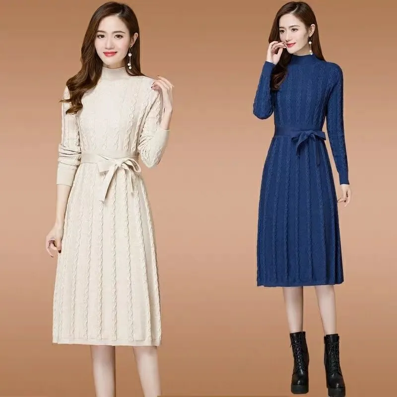 Dress Autumn Dress 2021 New Female Twist Knitted Sweater Skirt Over The Knee Bottom Skirt Autumn And Winter Popular Long Skirt