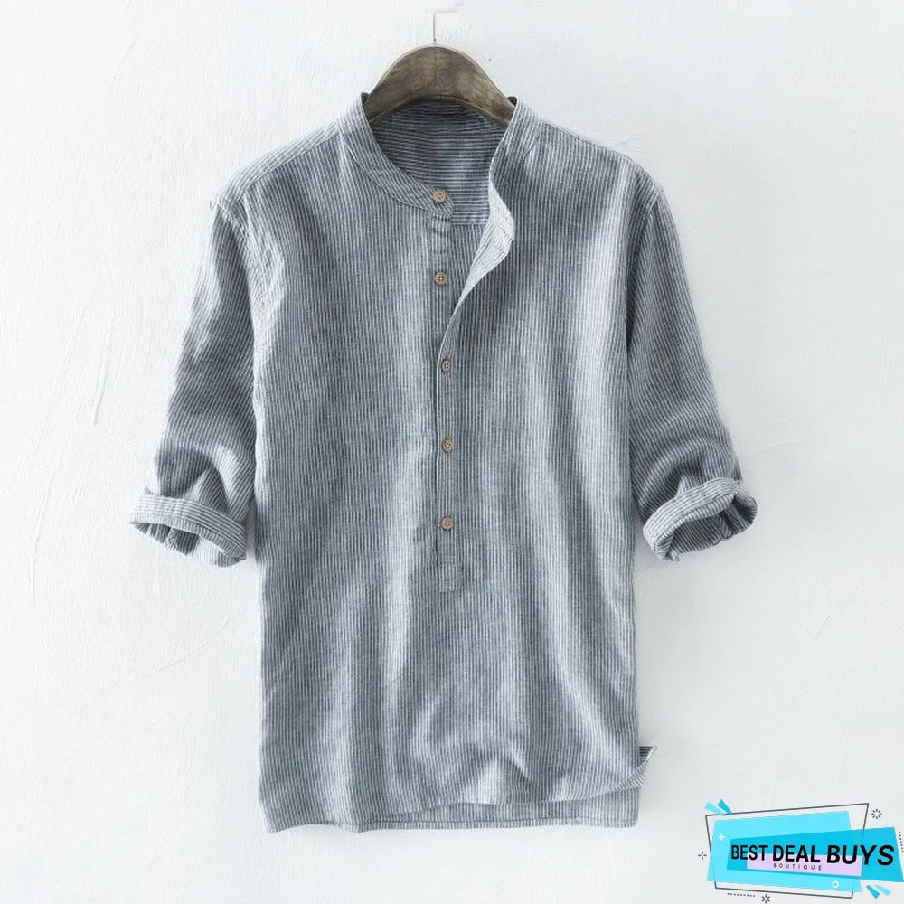 Mens Cotton Striped Vintage Breathable Loose Fit Long Sleeve Fashion Casual Shirt