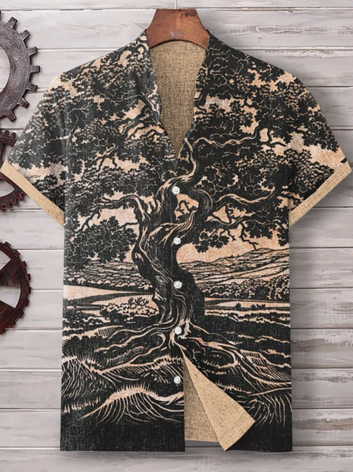 Men's Retro Tree of Life Woodcut Print Casual Shirt