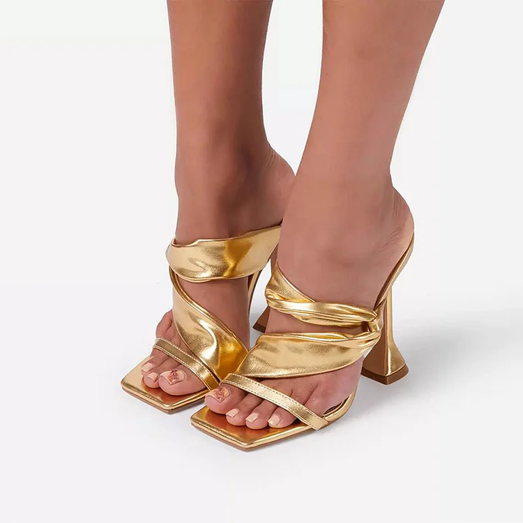 Gold Square Toe Evening Shoes Strappy Flared Heel Mules for Women |FSJ Shoes