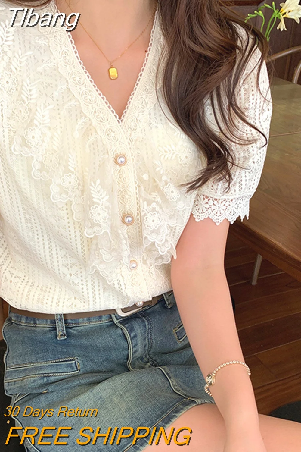 Tlbang Elegant Lace Chiffon Blouse Women Korean Fashion V-neck Puff Short Sleeve Tops Ruffle Shirt Lady Sweet Mujer Button 25355