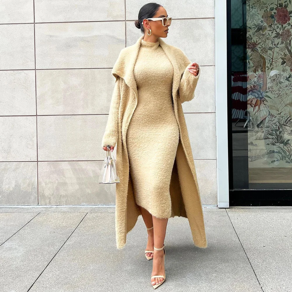 Dress + Loose Long Coat Two-piece Set