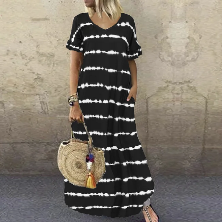 V-Neck Ruffle Sleeve Striped Printed Maxi Dress