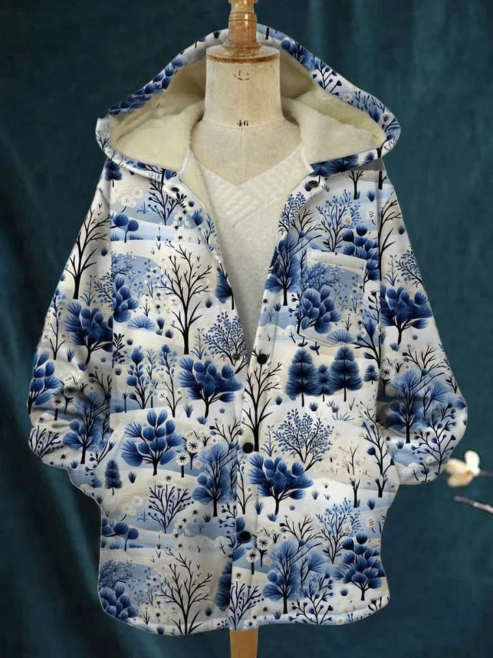 Christmas Tree  Print Waffle Plush Thick Long-Sleeved Hooded Coat