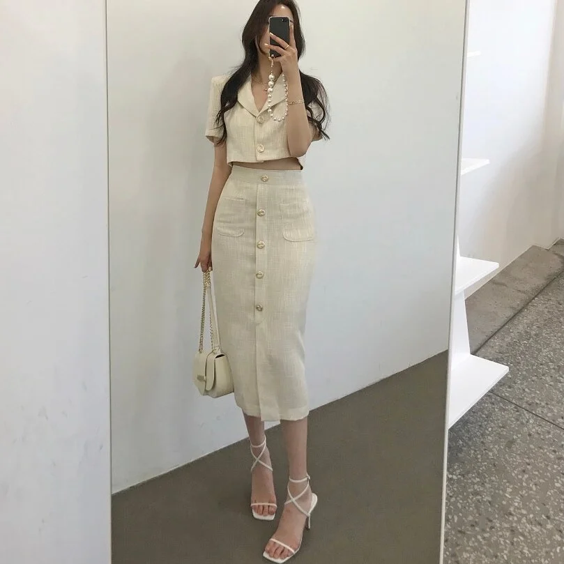 Toloer Toloer Korea Elegant Lapel Thin Tweed Small Suit Short Jacket + High Waist Chic Button Slim Womens Two Piece Skirt Sets Summer 1127-0-Outfit Ideas