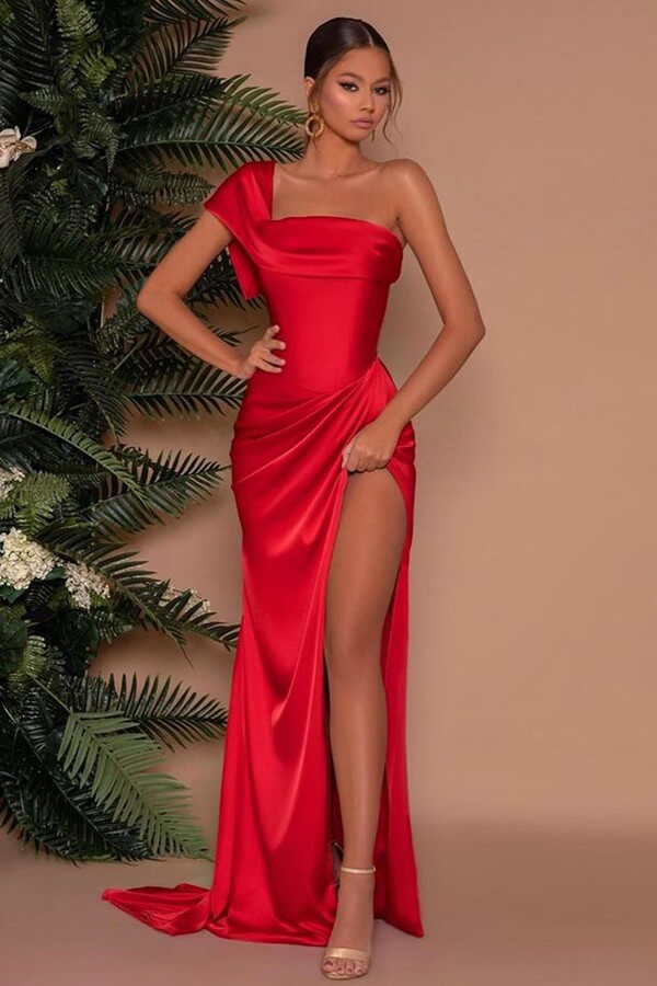 Luluslly Red One Shoulder Evening Dress Mermaid Long With Slit