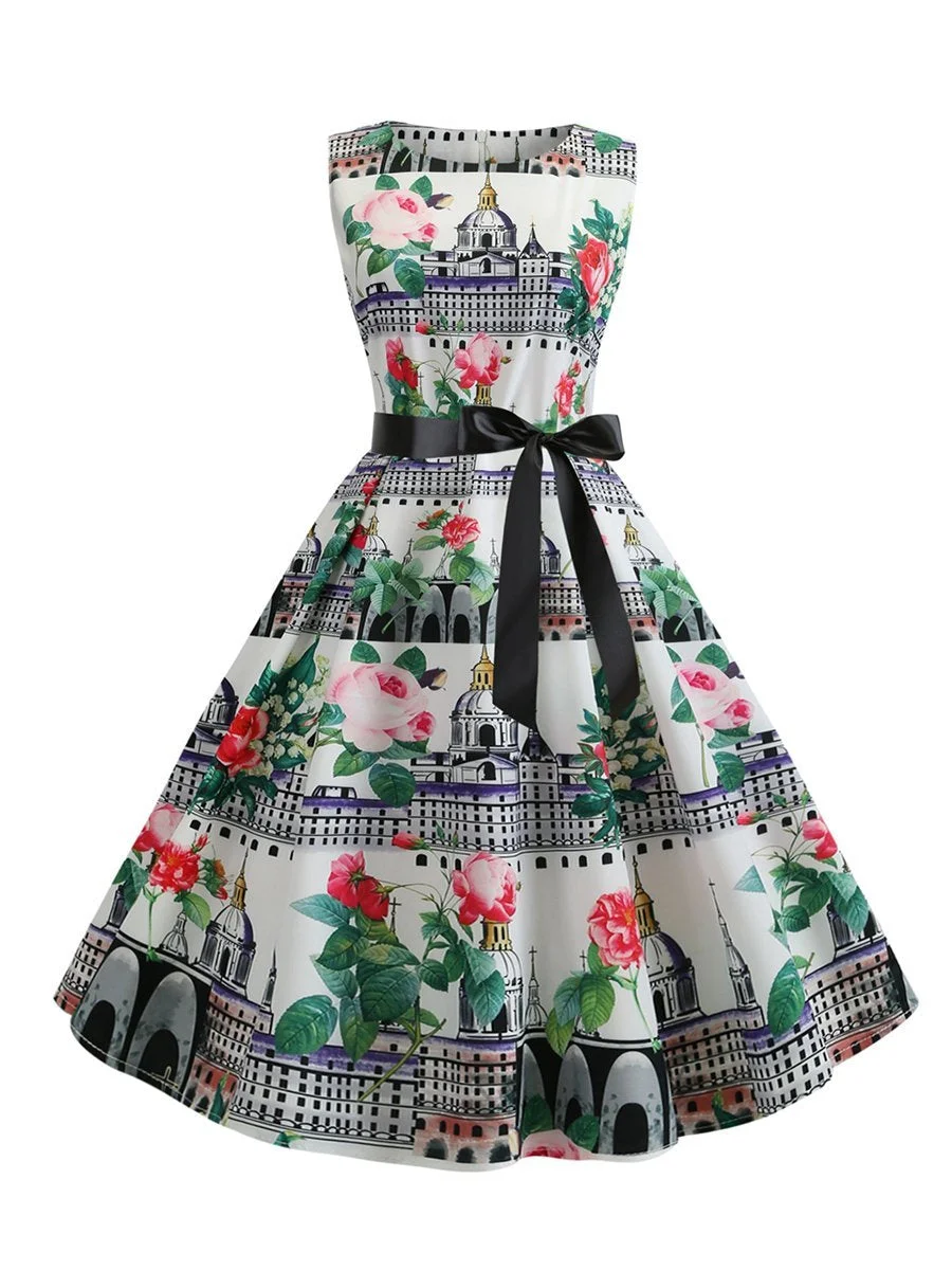 Round Neck Sleeveless Print Ribbon Waist Dress