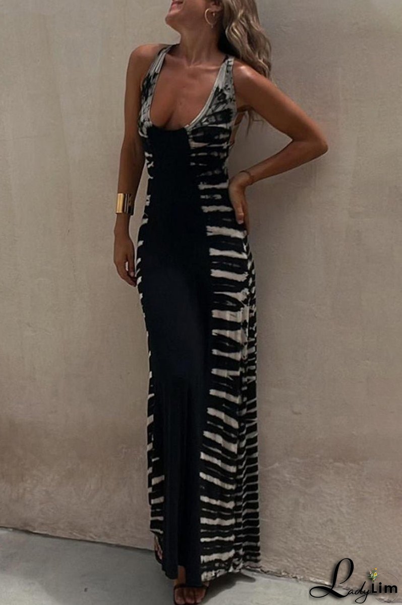 Sexy Vacation Print Backless U Neck Printed Dress Dresses