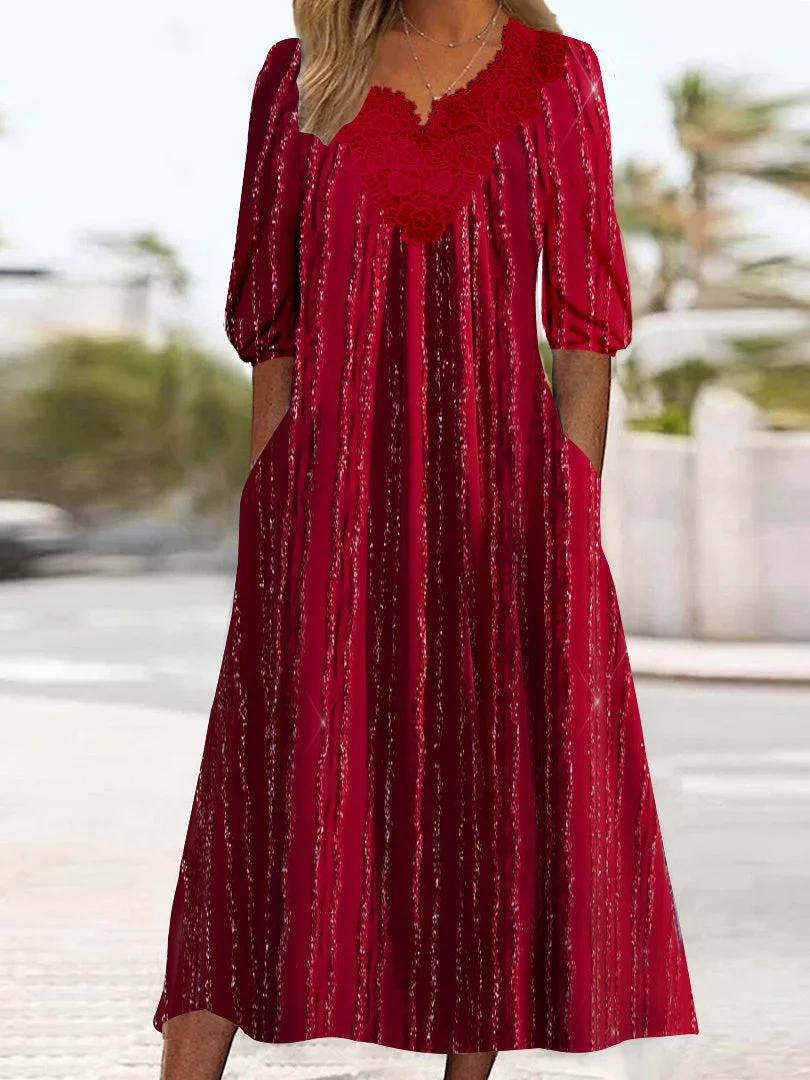 Women's 3/4 Sleeve V-neck Striped Printed Lace Stitching Midi Dress
