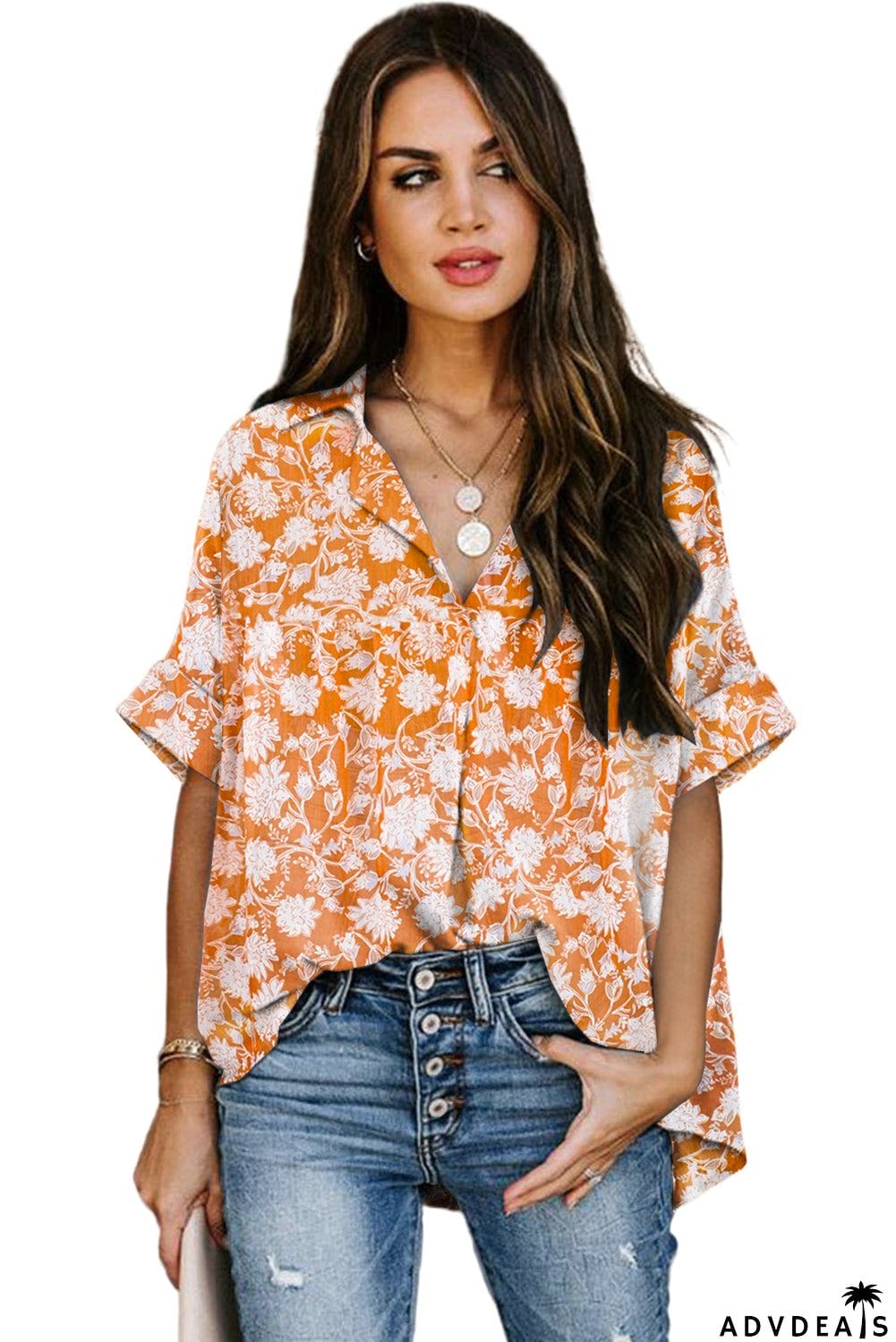 Dotted Print V Neck Drape Front Blouse