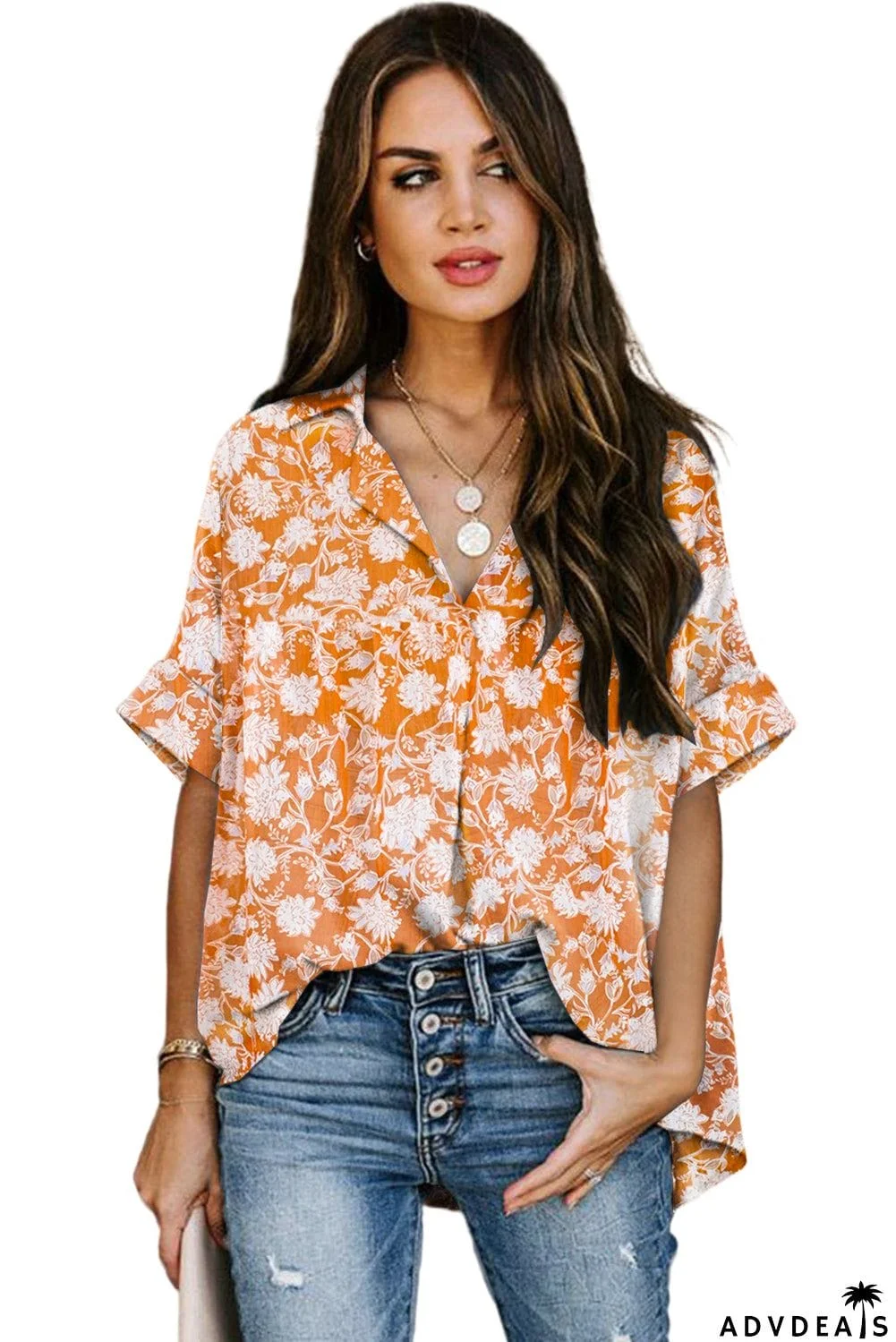 Dotted Print V Neck Drape Front Blouse