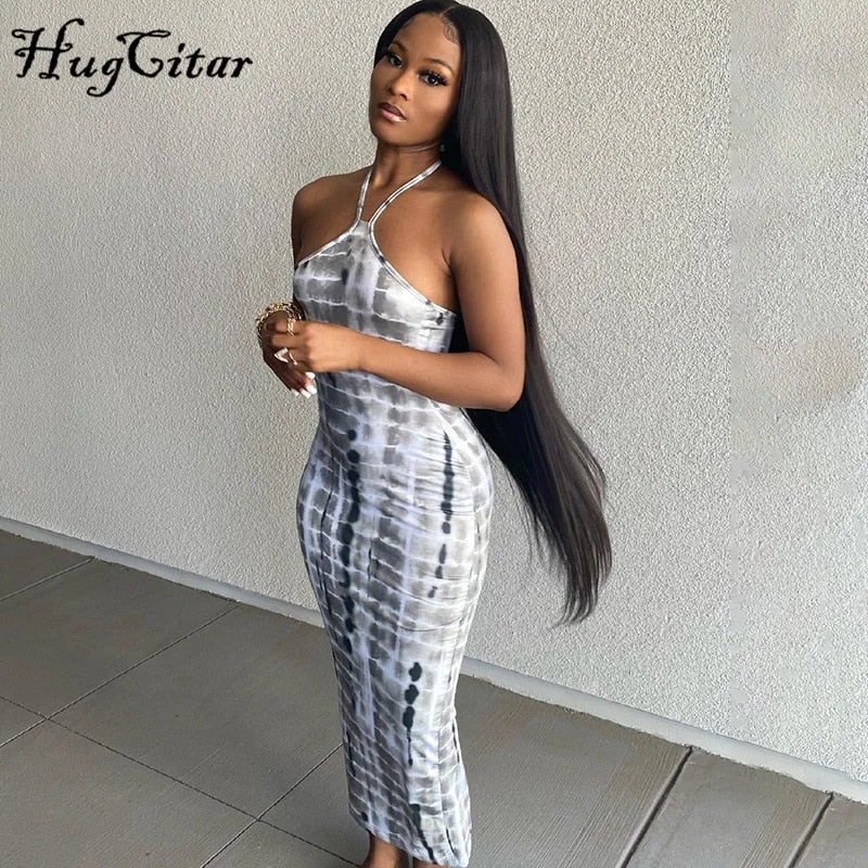 Hugcitar 2021 Sleeveless Snake Print Backless Skinny Maxi Dress Summer Women Fashion Sexy Party Club Wear