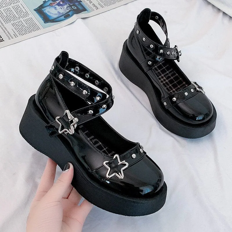 Lolita Shoes Star Buckle Mary Janes Shoes Women Cross-tied Platform Shoes Patent Leather Girls Shoes Rivet Casual Shoes