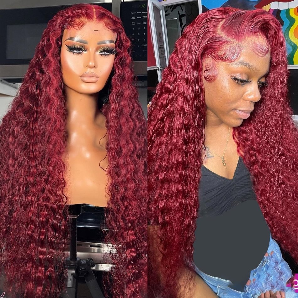 99J Burgundy Transparent Deep Wave Lace Frontal Wig 13x4 Red Colored Brazilian Remy T Part Wig Curly Human Hair Wigs for Women US Mall Lifes