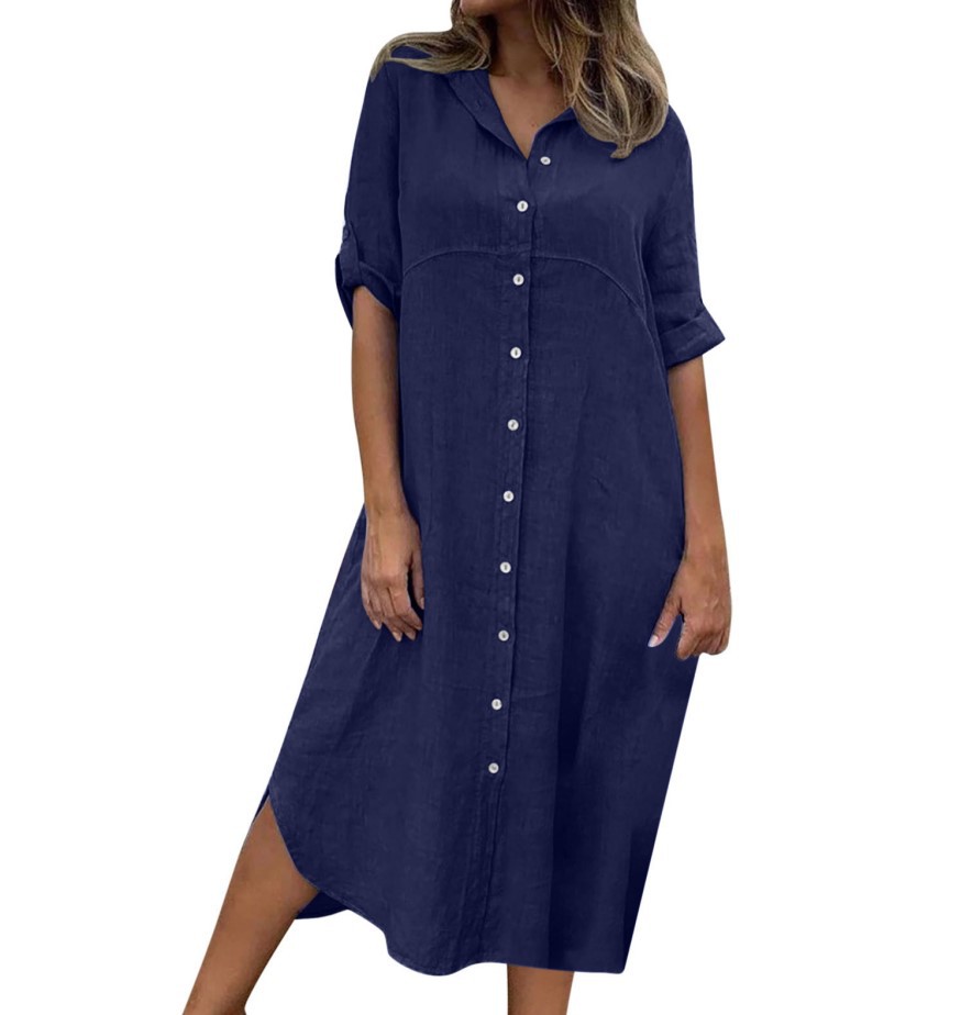 Mature Women's Plus Size Cotton And Linen Shirt Dress