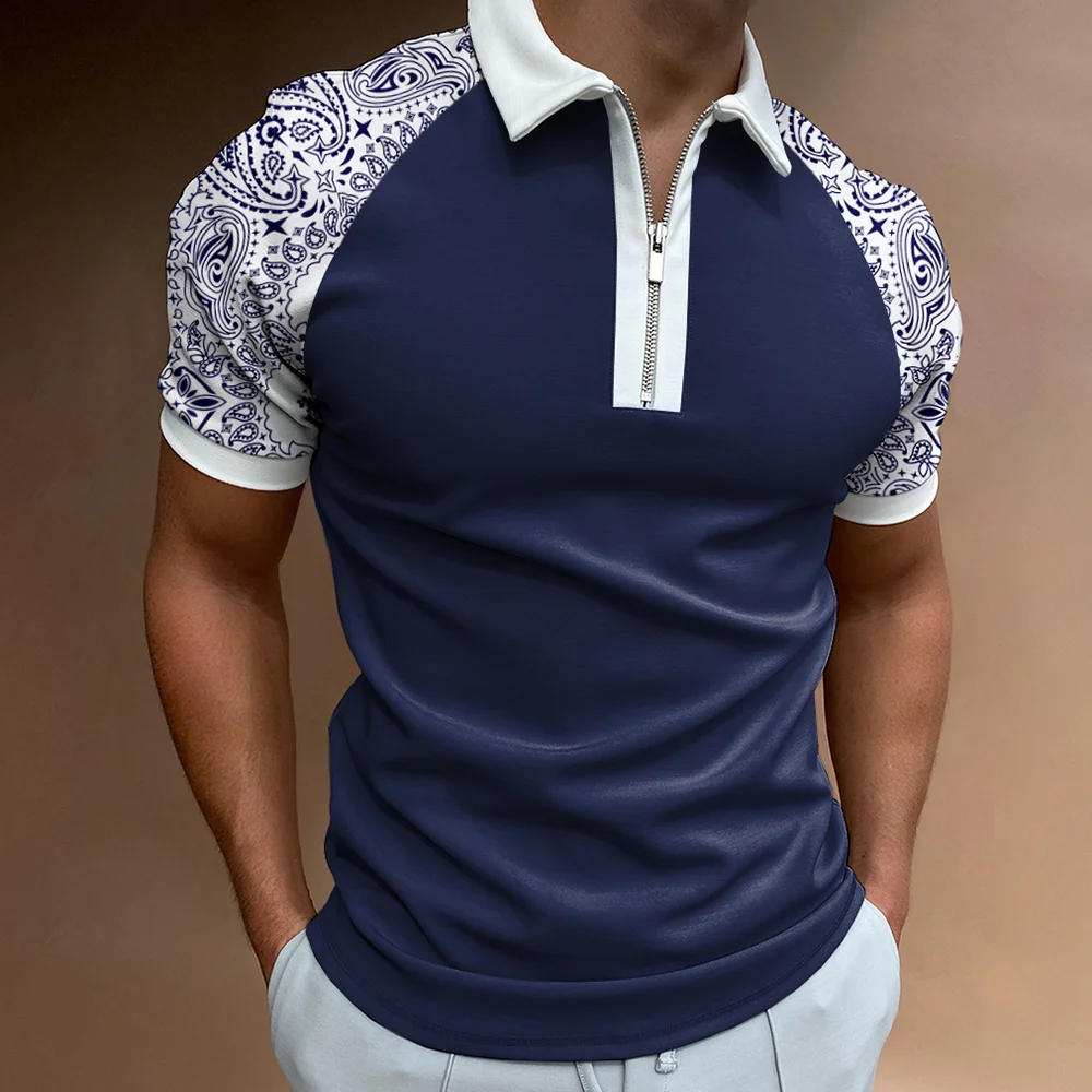Men's Casual Paisley Pattern Print Color Matching Short Sleeve Zipper Polo Shirt、、URBENIE