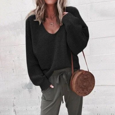Casual Knitted Sweater Women Streetwear V Neck Long Sleeve Pullovers Loose Solid Coat 2019 Autumn Winter Fashion Women's Sweater
