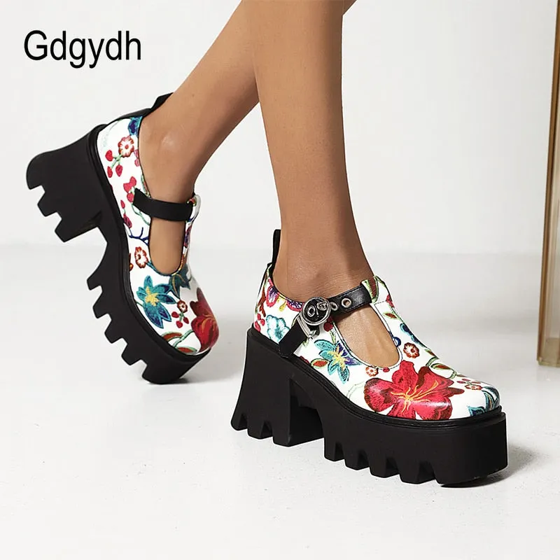 Gdgydh High Quality T-strap Women Shoes Hoof Heels Mixed Color Platform Pumps Flower Vintage Gothic Style Sponge Cake Bottom