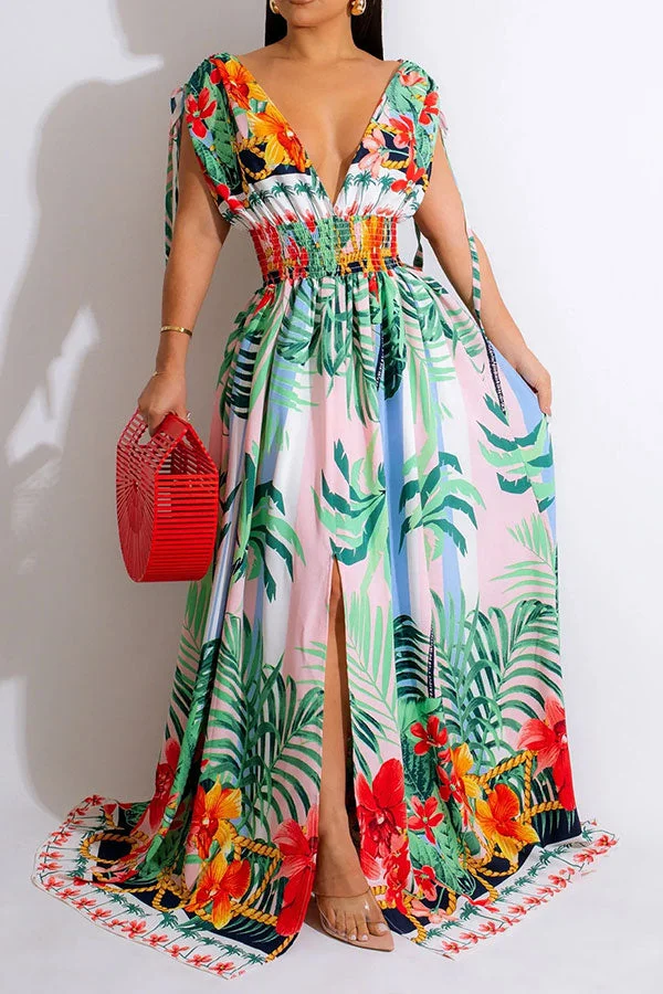 Coconut Palm Print Tropical High Split Maxi Dress