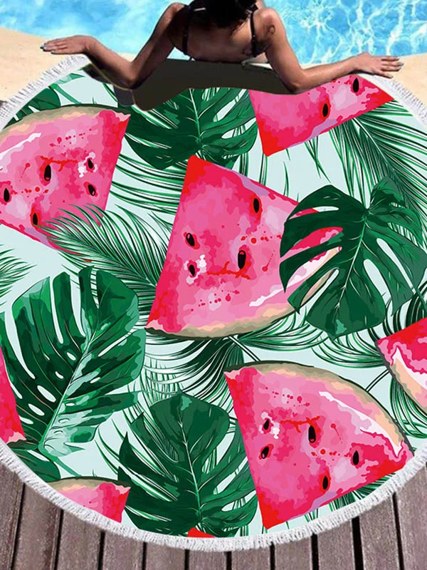 Color Fruit Print Round Shape Tasseled Soft Beach Mat