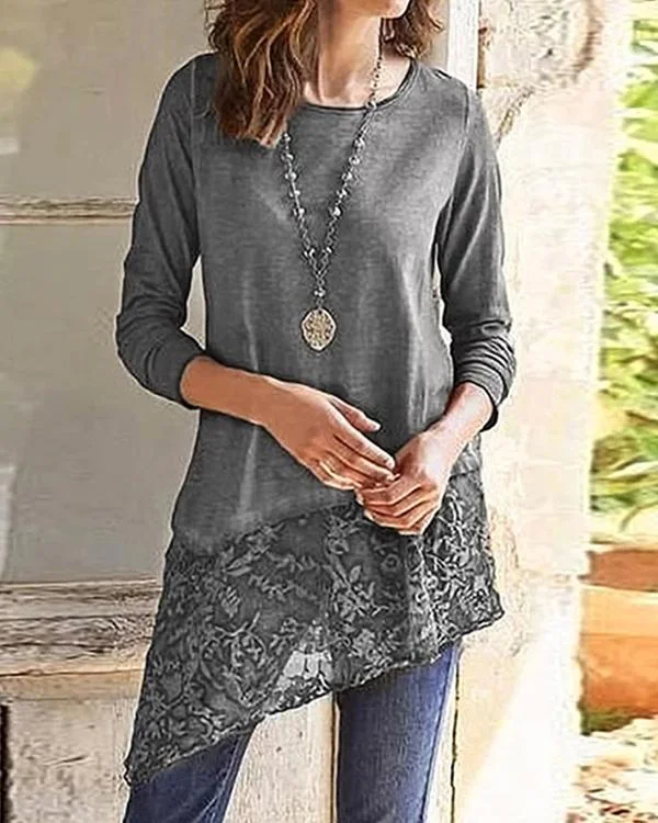 Spring Autumn Lace Stitching Women's T-shirts