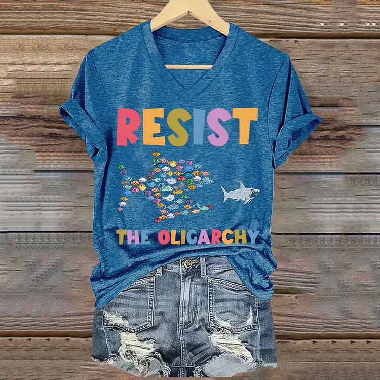 VChics Women's Resist The Oligarchy Funny Fish Printed T-shirt
