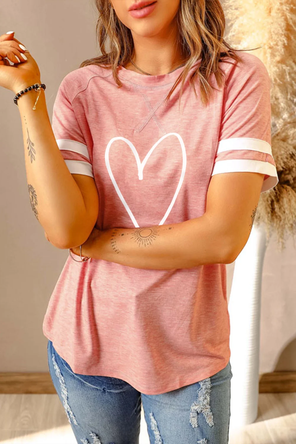 Pink Sketch Heart Print Striped Short Sleeve Tee