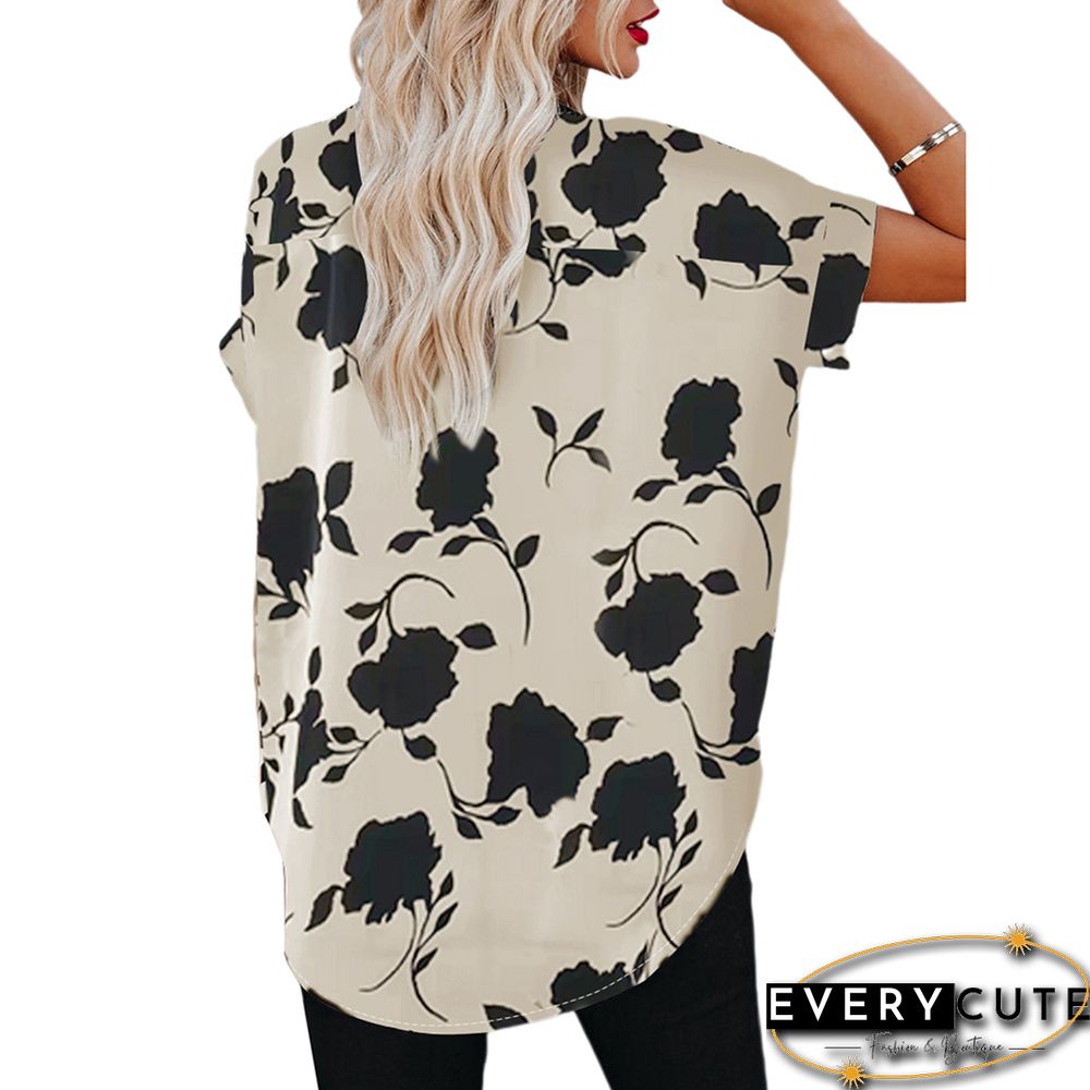 Floral Print V Neck Short Sleeve Shirt in Apricot