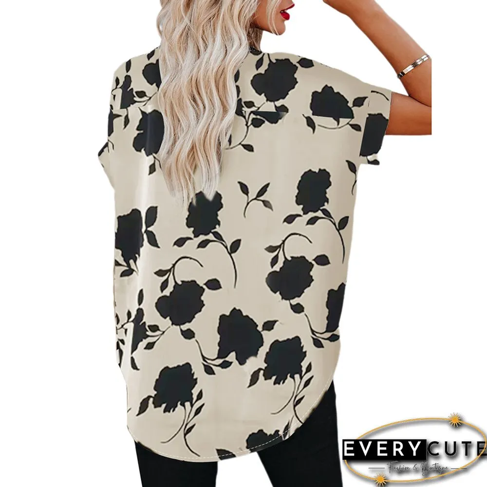 Floral Print V Neck Short Sleeve Shirt in Apricot