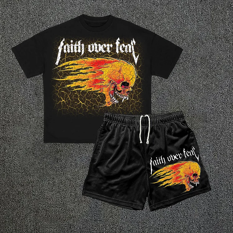 Street Faith Over Fear Flaming Skull Print Short Sleeve Tee & Shorts Two Piece Set
