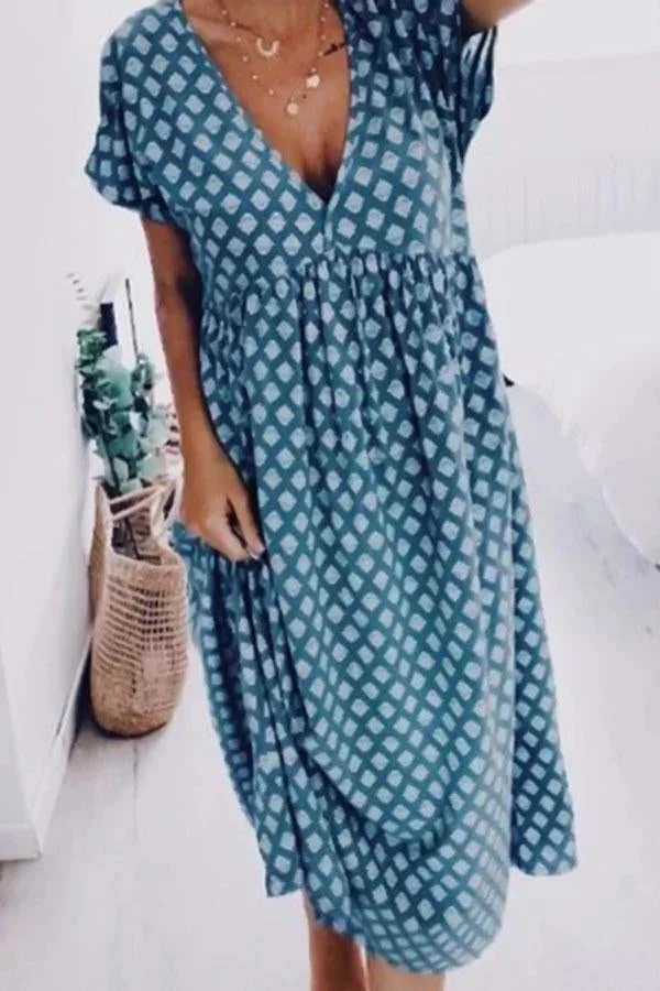 Geometric Paneled Print V-neck Casual Midi Dress | EGEMISS