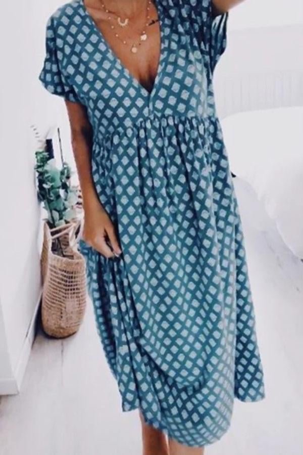 Geometric Paneled Print V-neck Casual Midi Dress | EGEMISS
