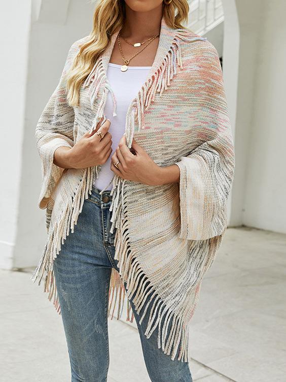 Women's V-neck Long Sleeve Cape Fringe Sweater Top