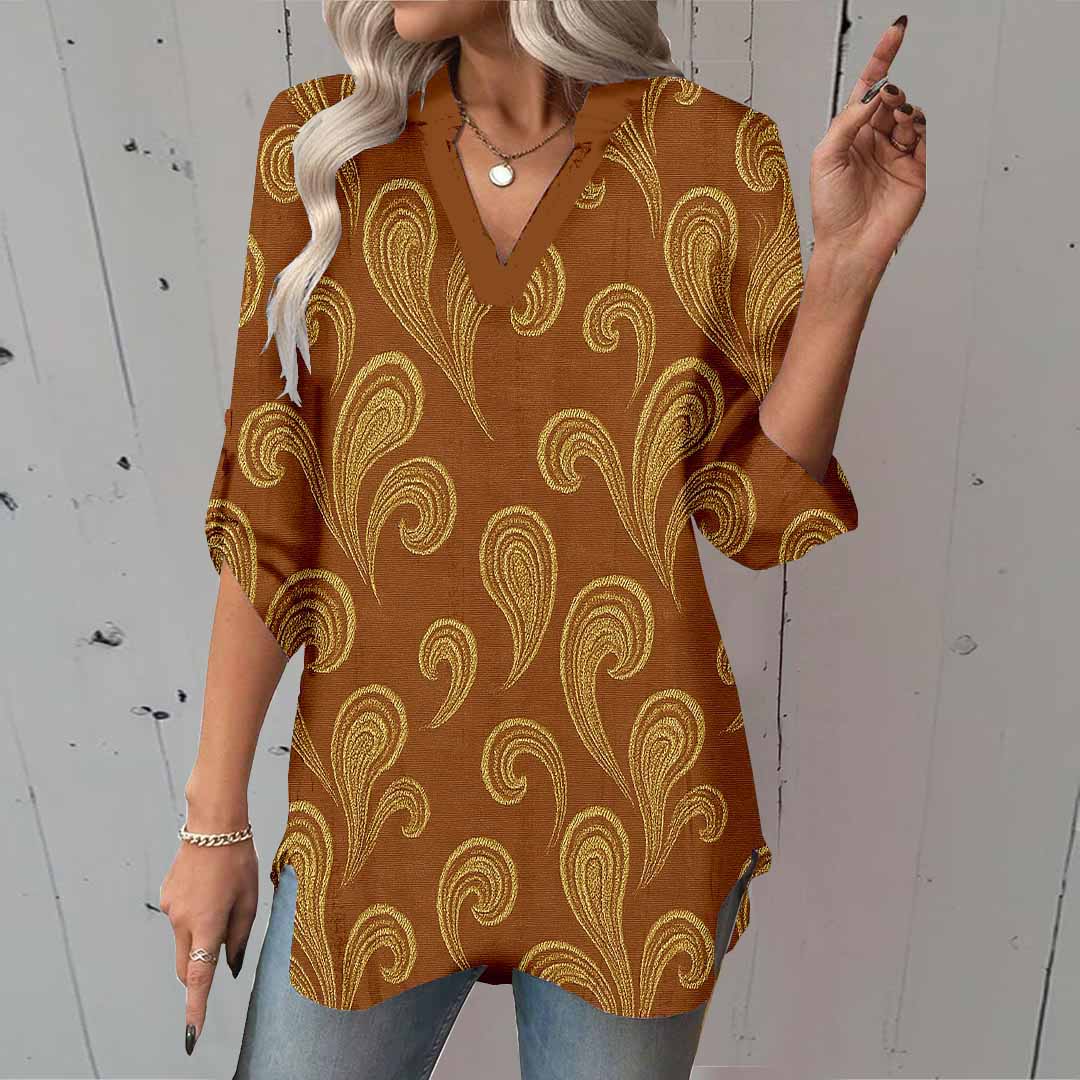Women Perris, Brown, Khaki DZGA0407 3/4 Sleeve V-neck Printed Graphic Button Tops