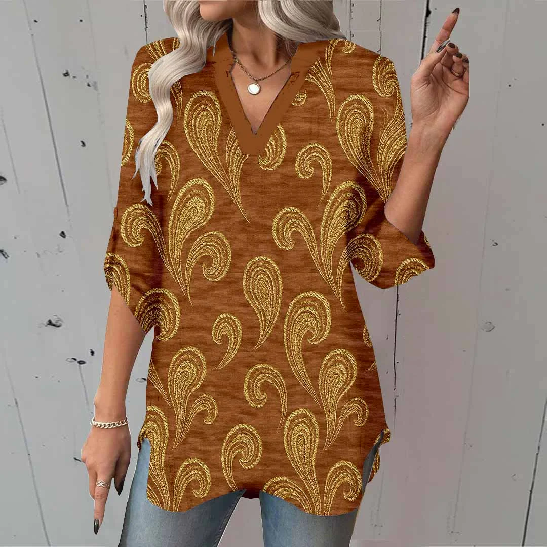 Women Perris, Brown, Khaki DZGA0407 3/4 Sleeve V-neck Printed Graphic Button Tops
