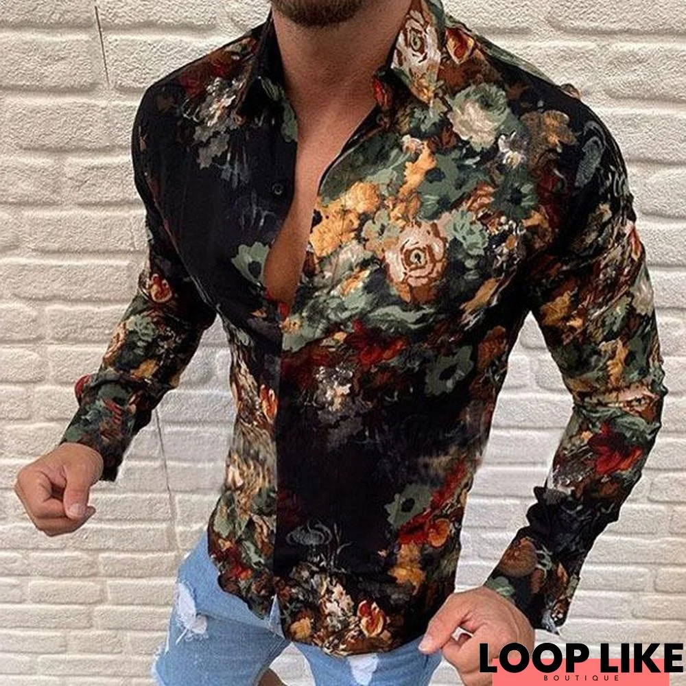 Men Fashion Floral Printed Long Sleeve Shirts