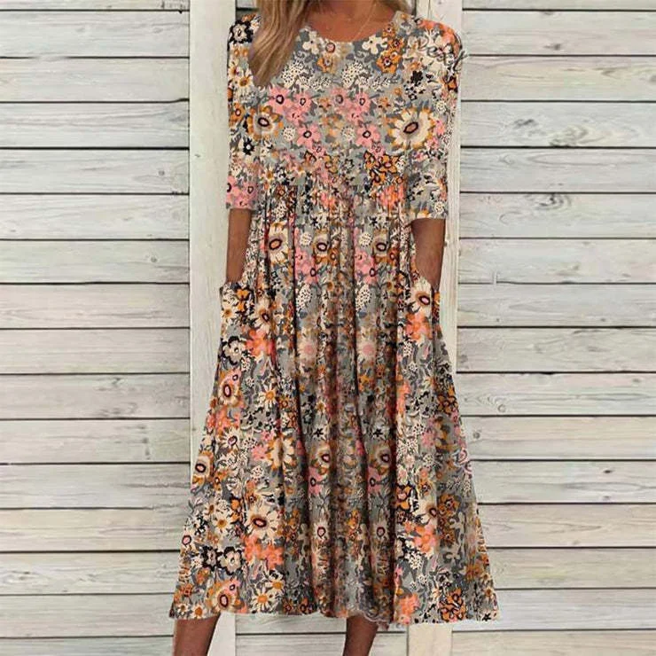 Brownm Printed Woman Loose Pockets Long Dresses