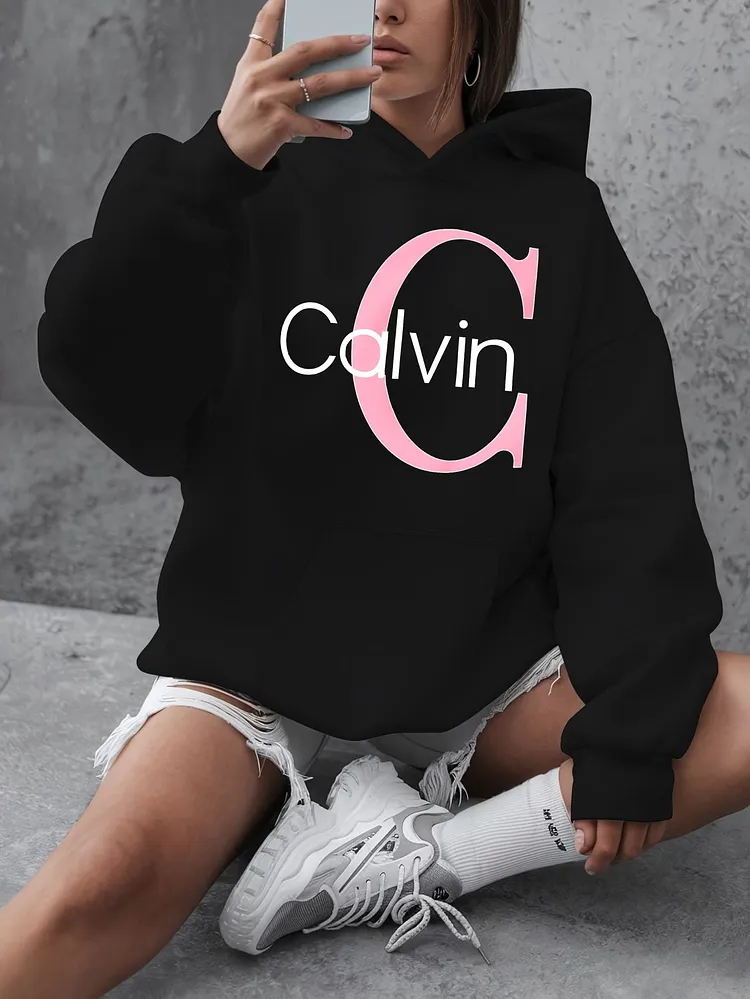 Womens Plus Size Calvin Graphic Hoodie beige long sleeve pullover with pockets casual