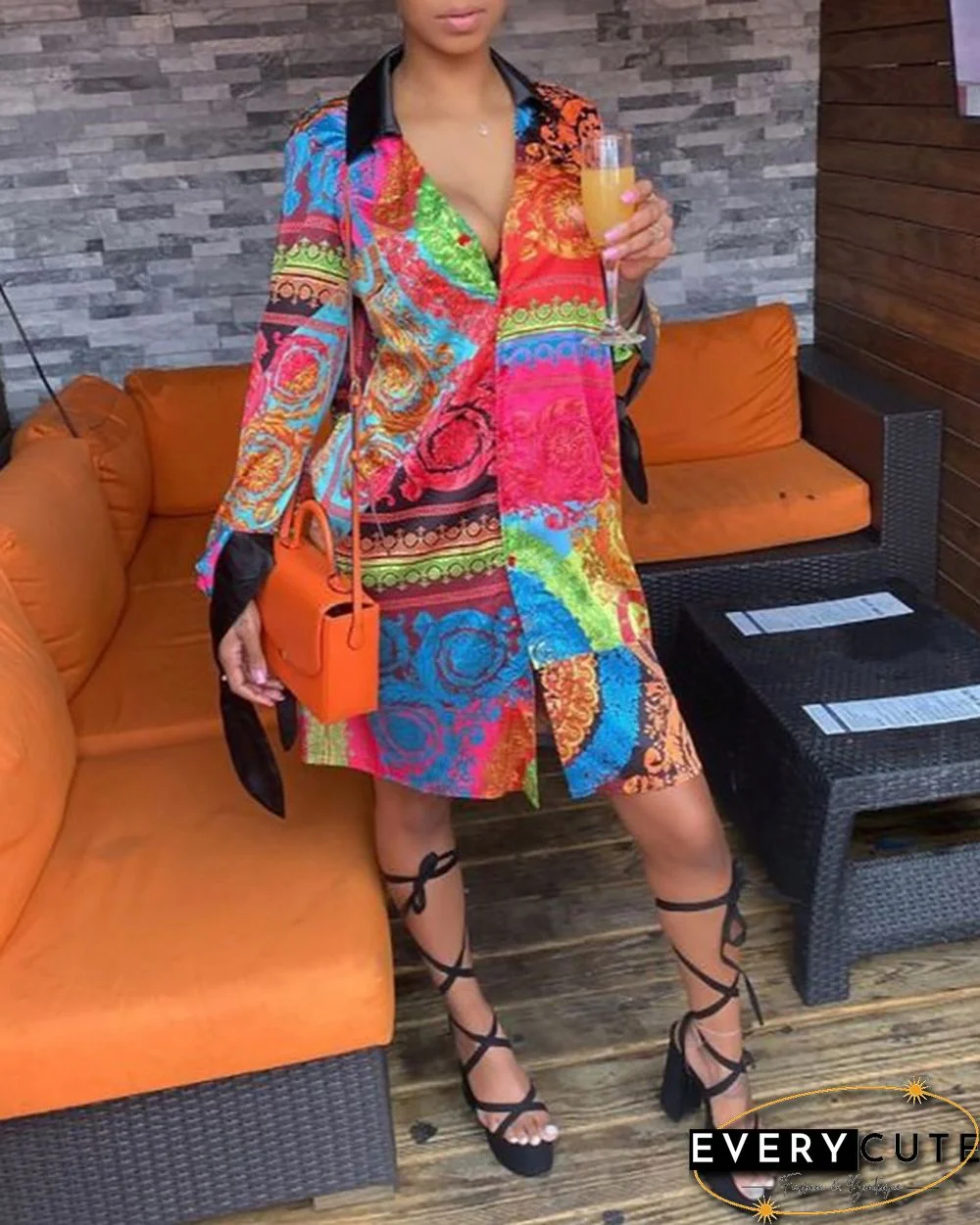 Scarf Print Buttoned Long Sleeve Shirt Dress