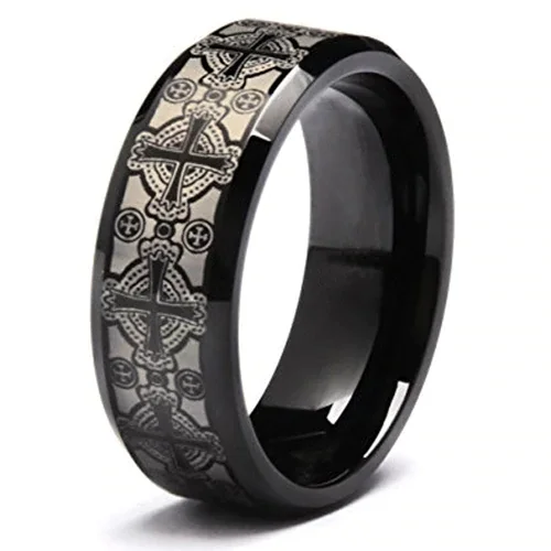 Black Women Or Men's Tungsten Cross Carbide Wedding Band Rings,Laser Etched Celtic Crosses on Black Wedding Band with Beveled Edges With Mens And Womens For 4MM 6MM 8MM 10MM
